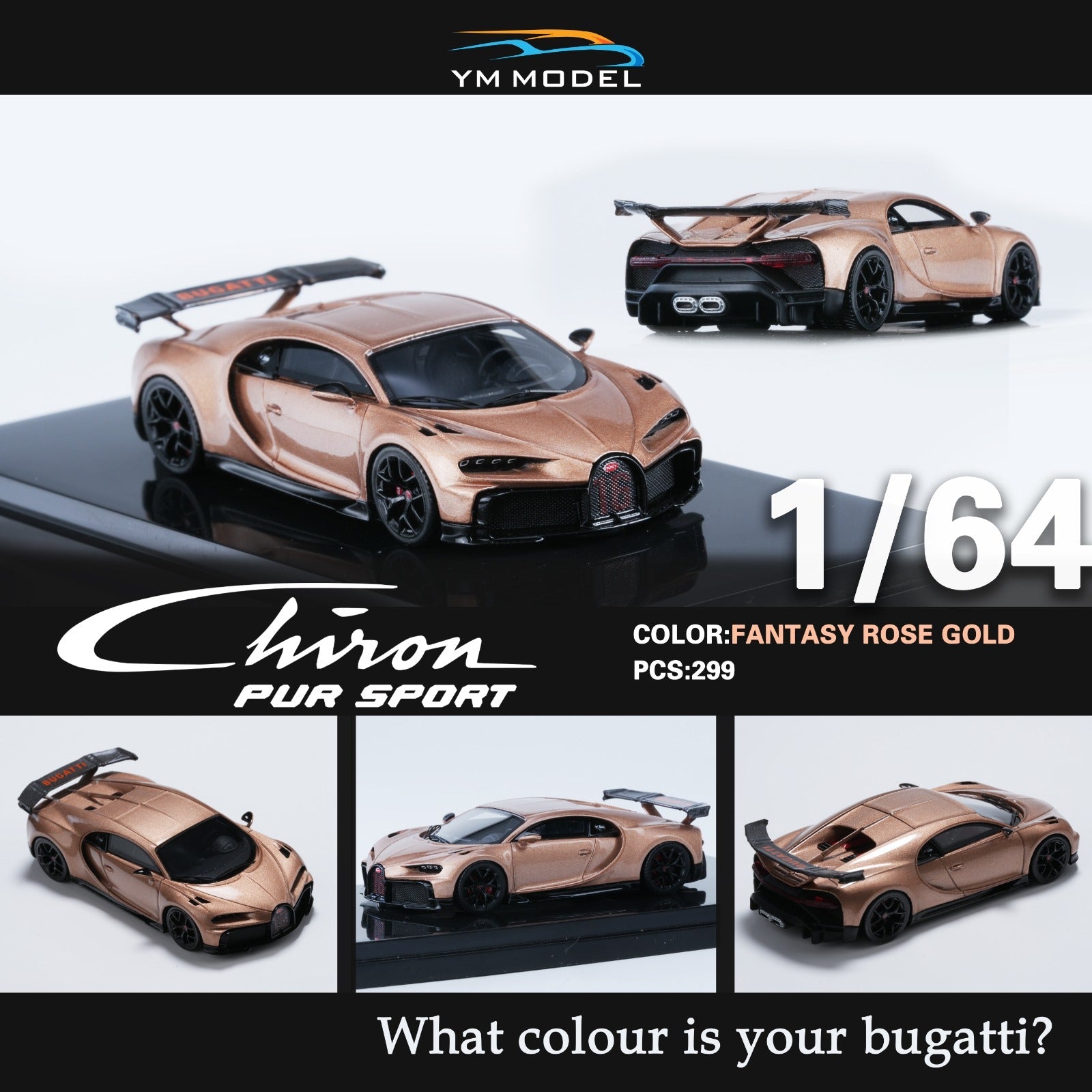 YM Model Bugatti Chiron PUR SPORT in Fantasy Rose Gold Limited to 299 Pcs 1:64-3